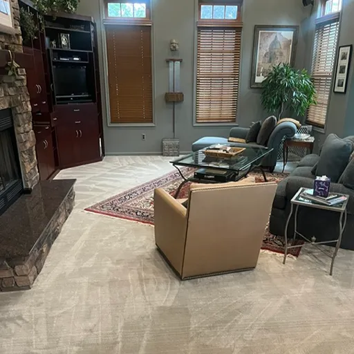 Living room tile installation with area rug and blinds in Royal Oaks